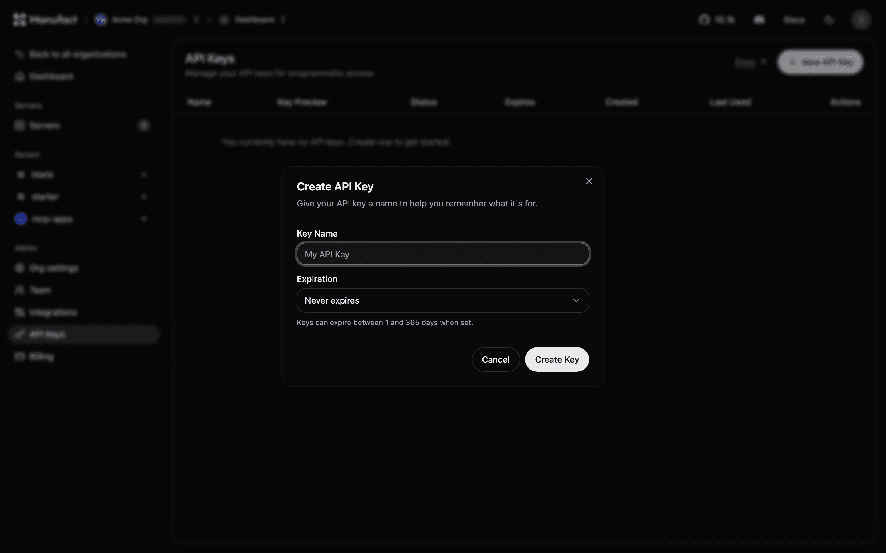 Create API key dialog
