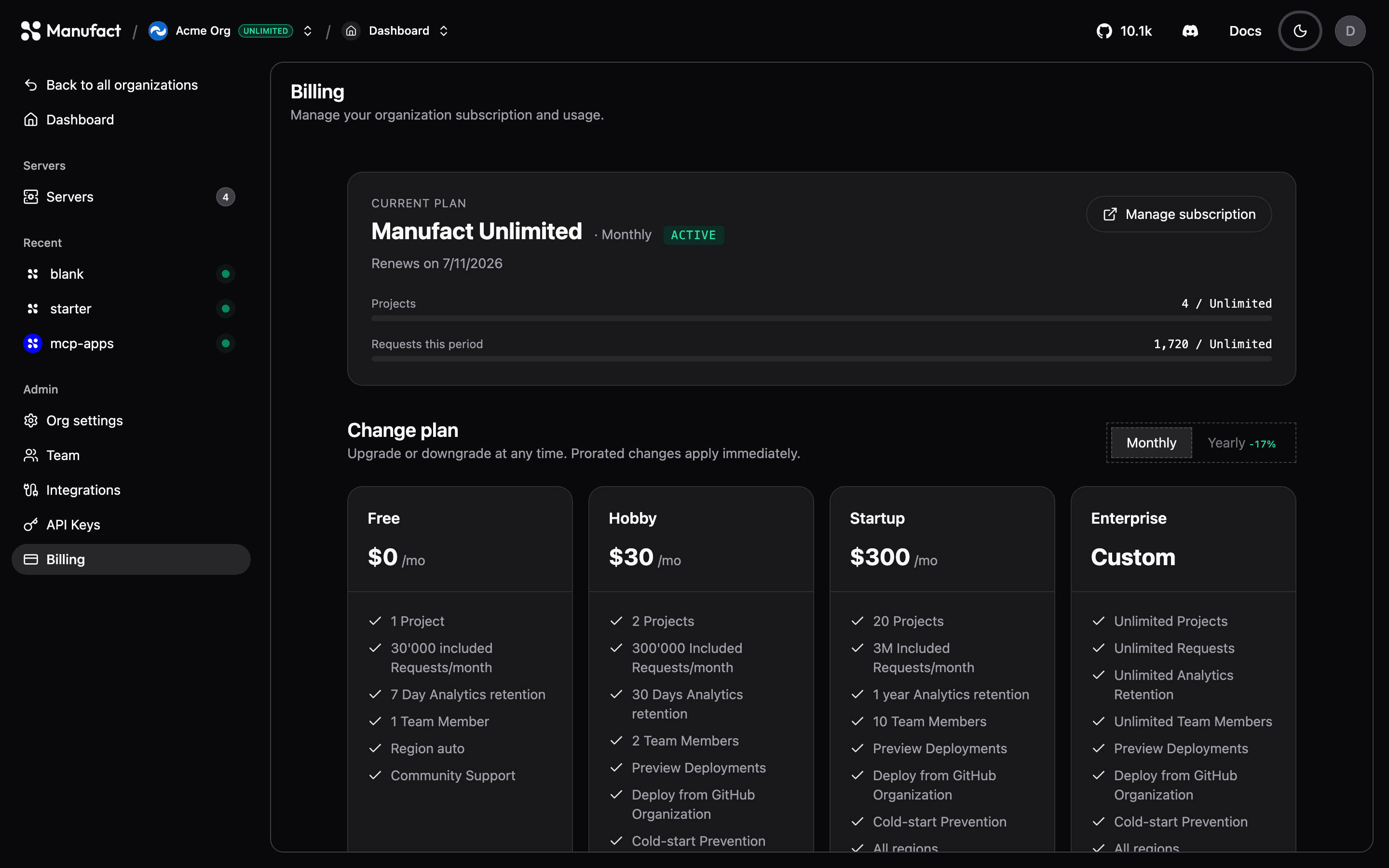 Billing overview with usage bars