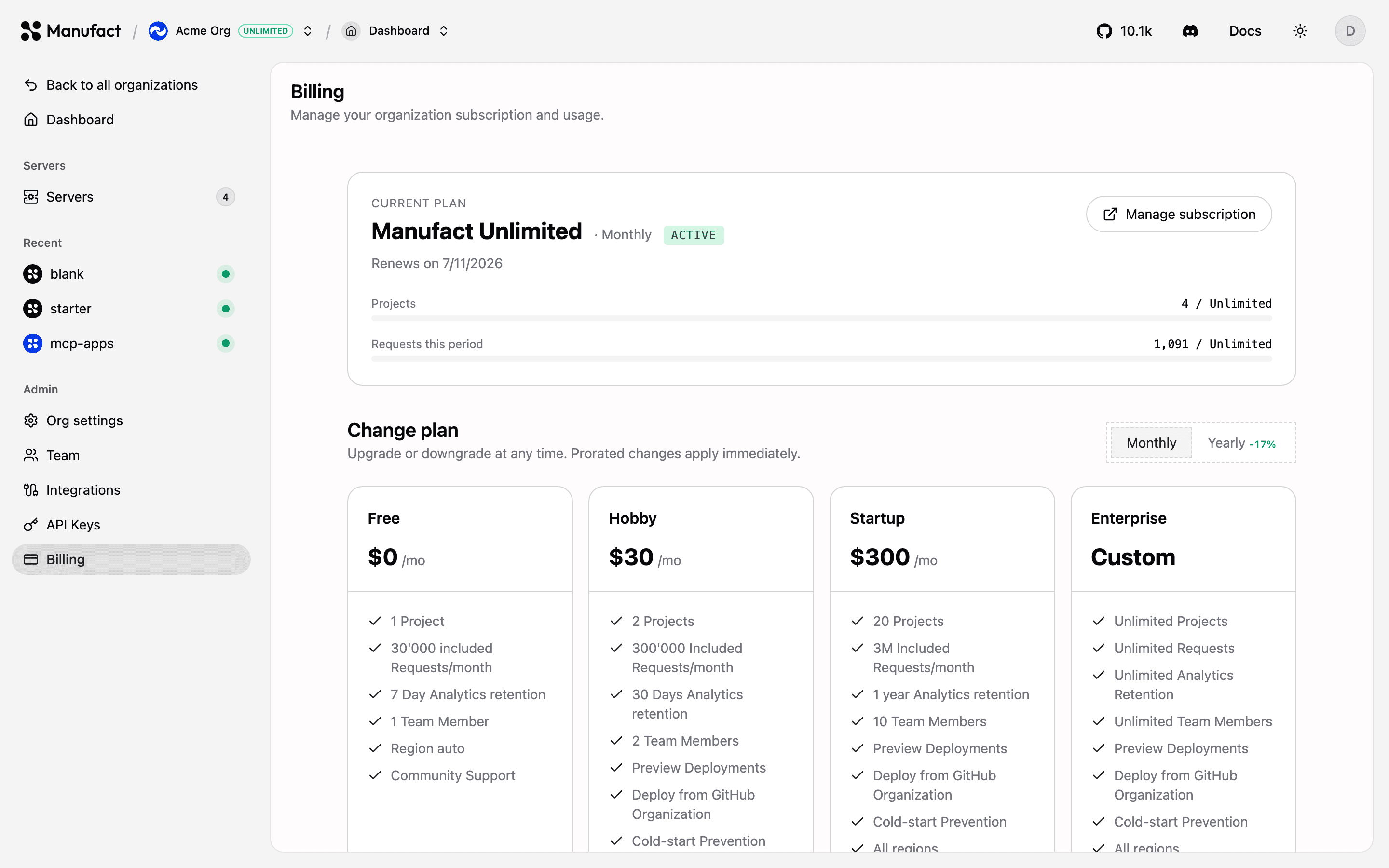 Billing overview with usage bars