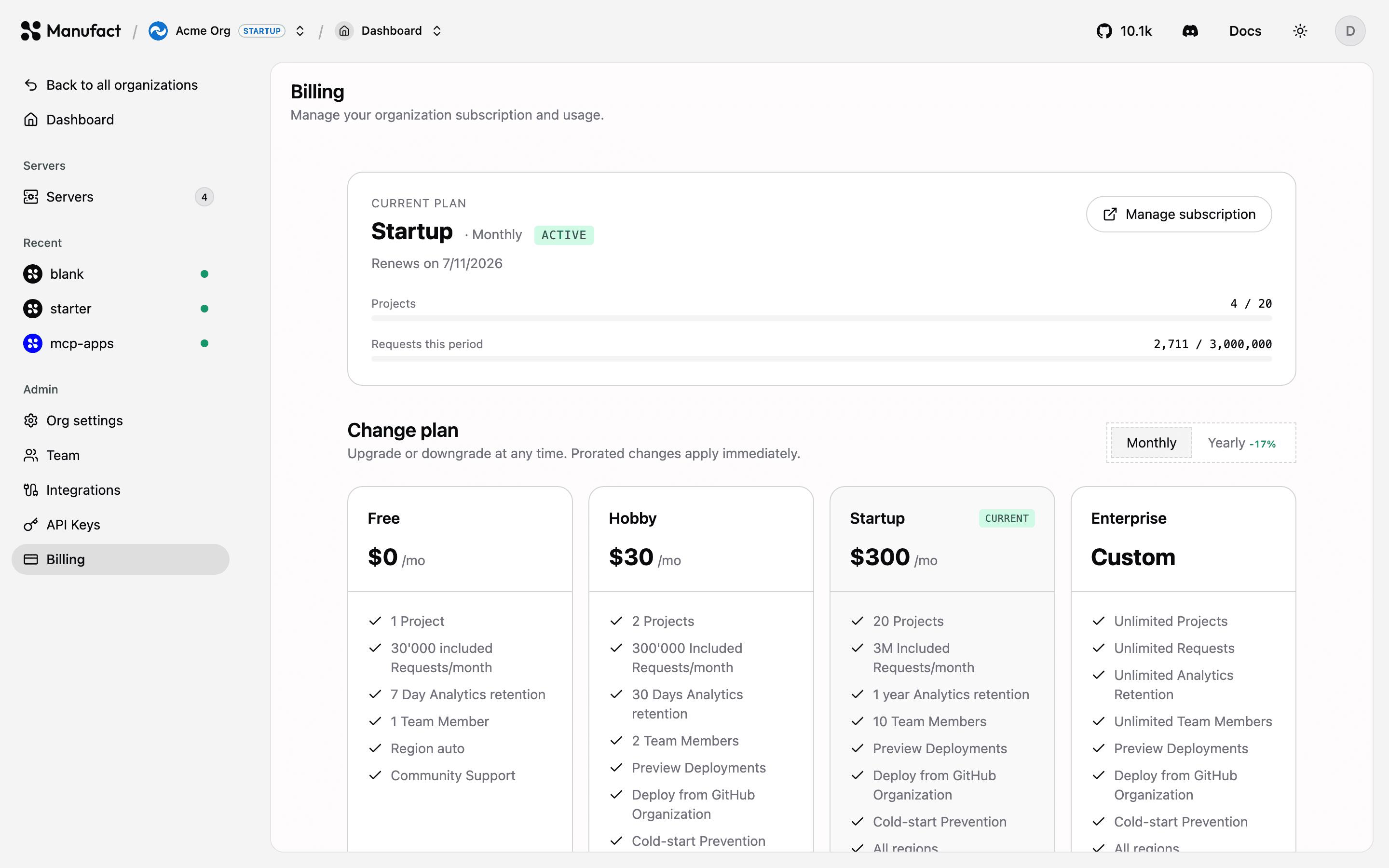 Plan grid with monthly and yearly toggle