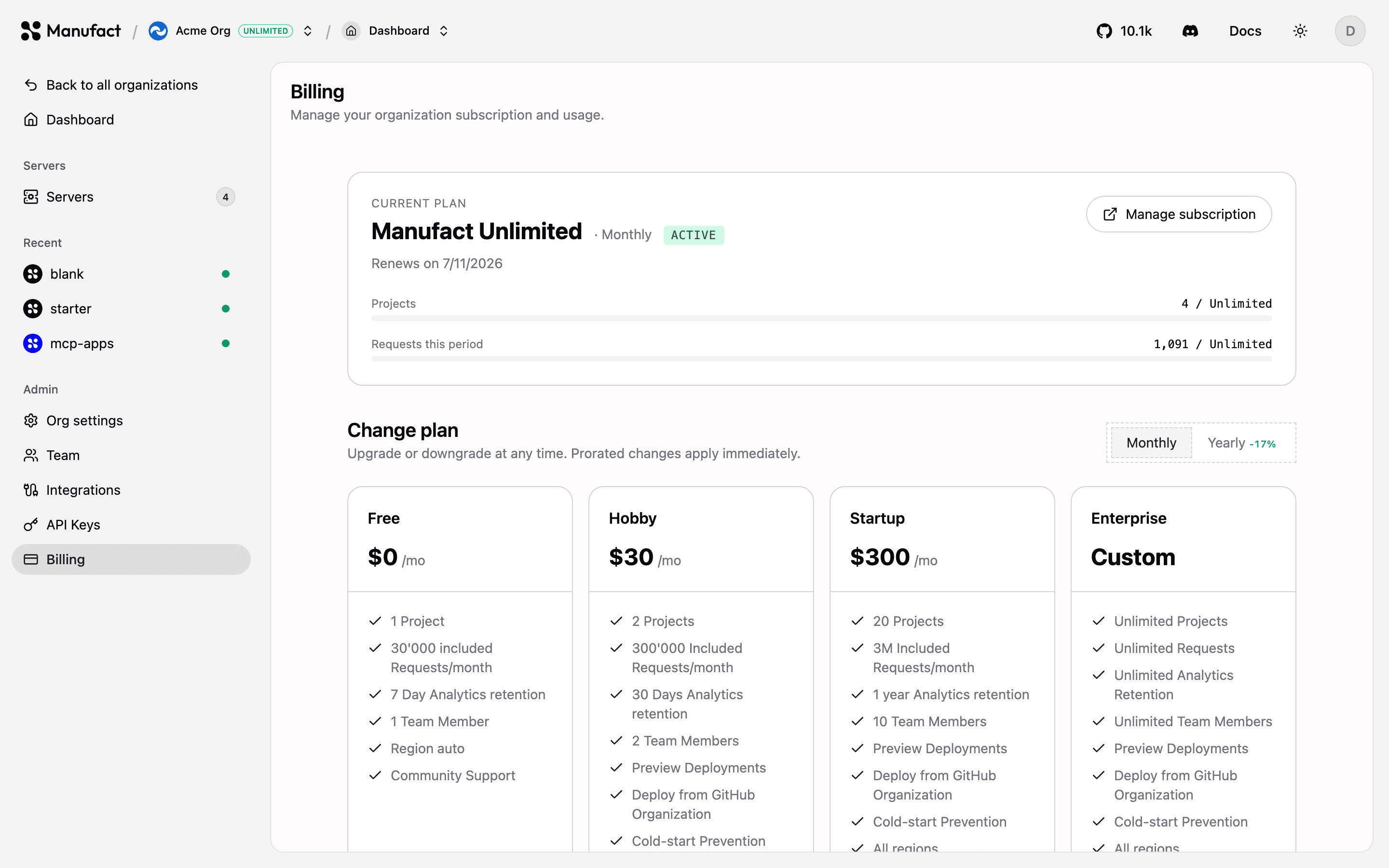 Plan grid with monthly and yearly toggle