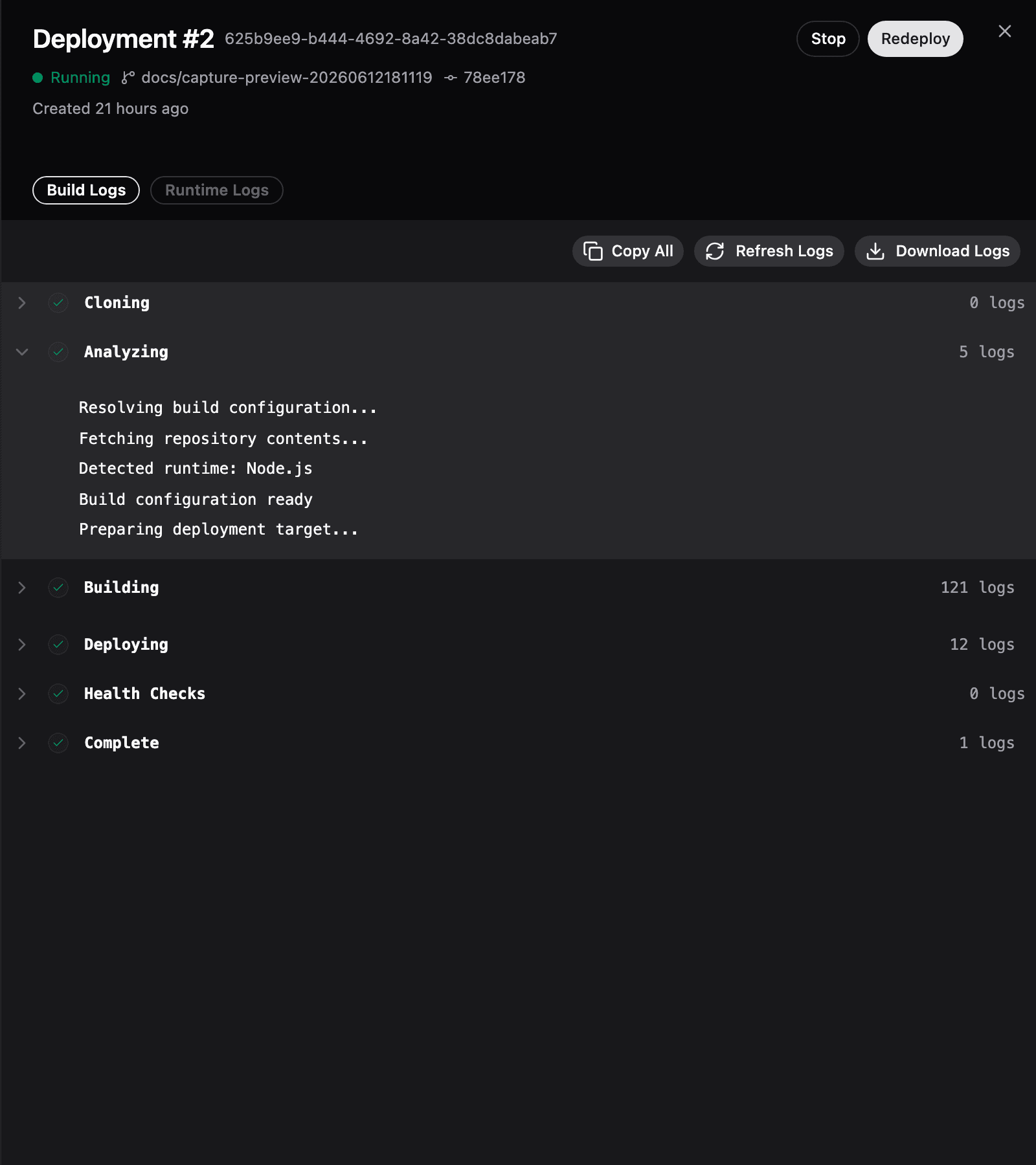 Deployment drawer with build logs