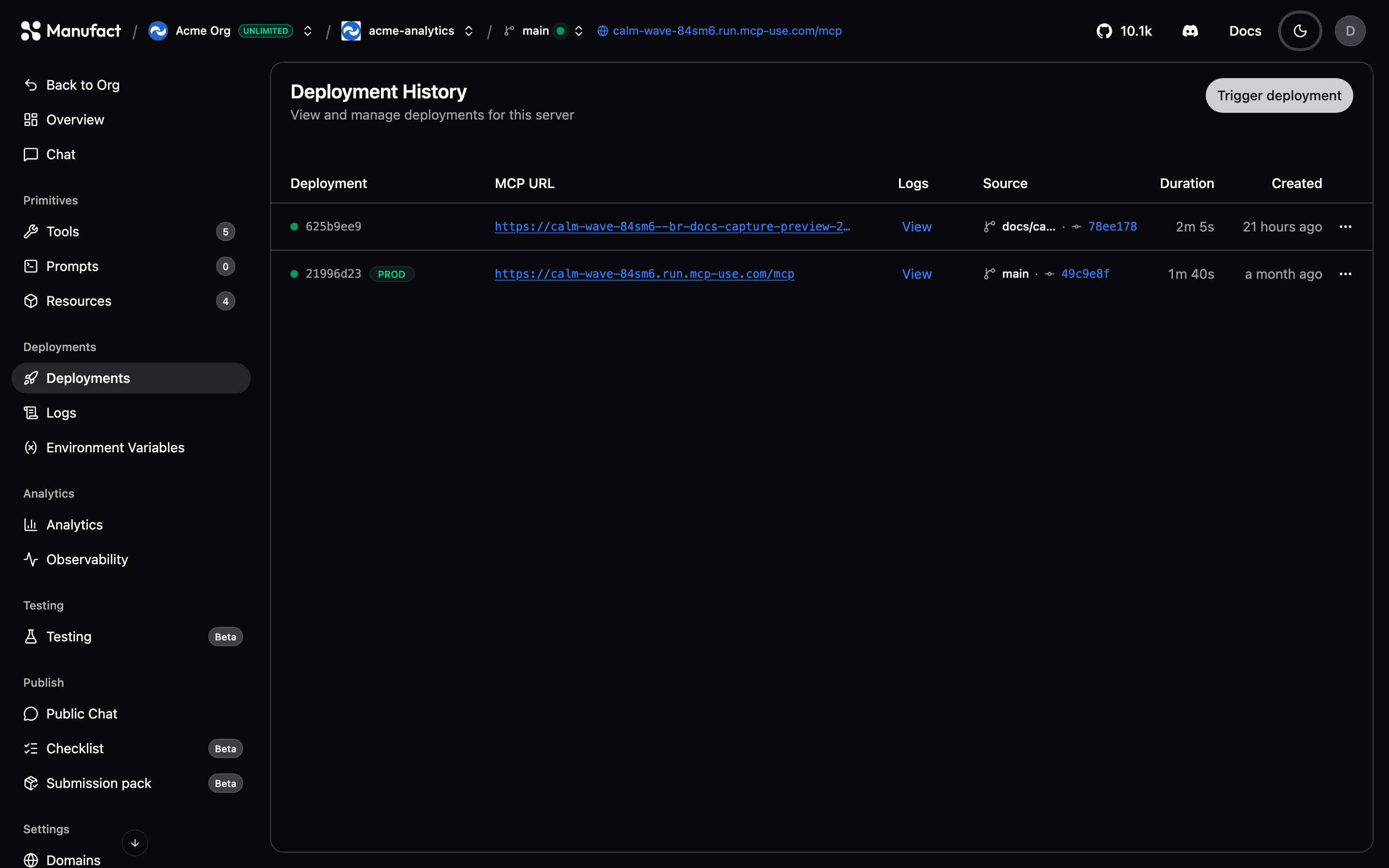 Deployment history table