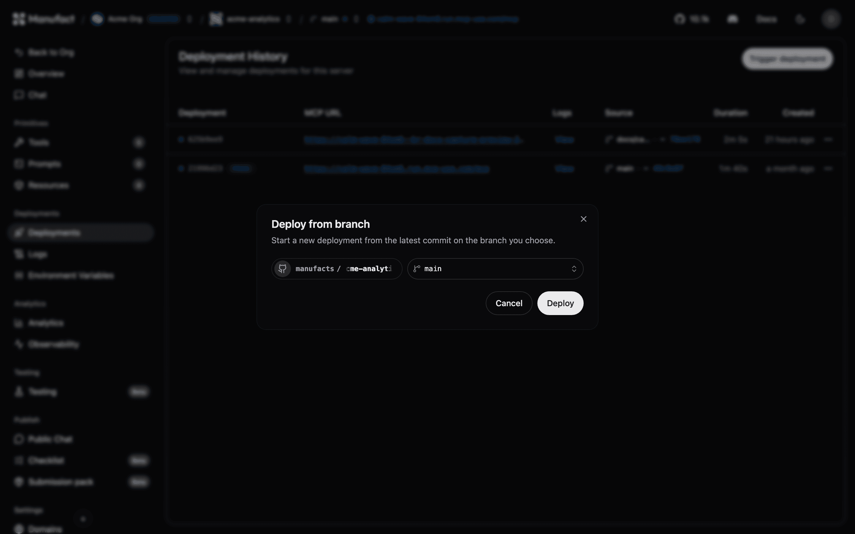 Trigger deployment dialog