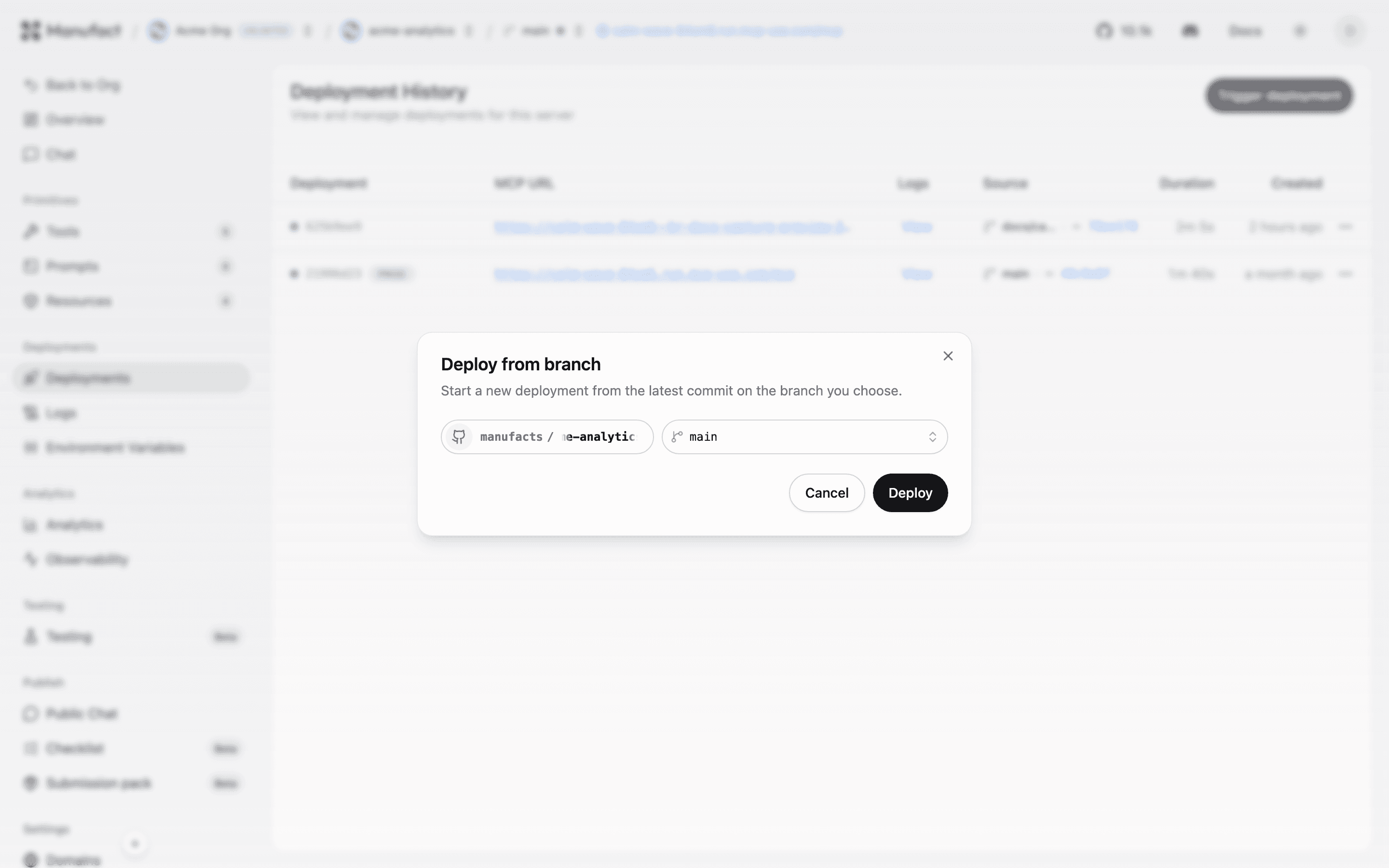 Trigger deployment dialog