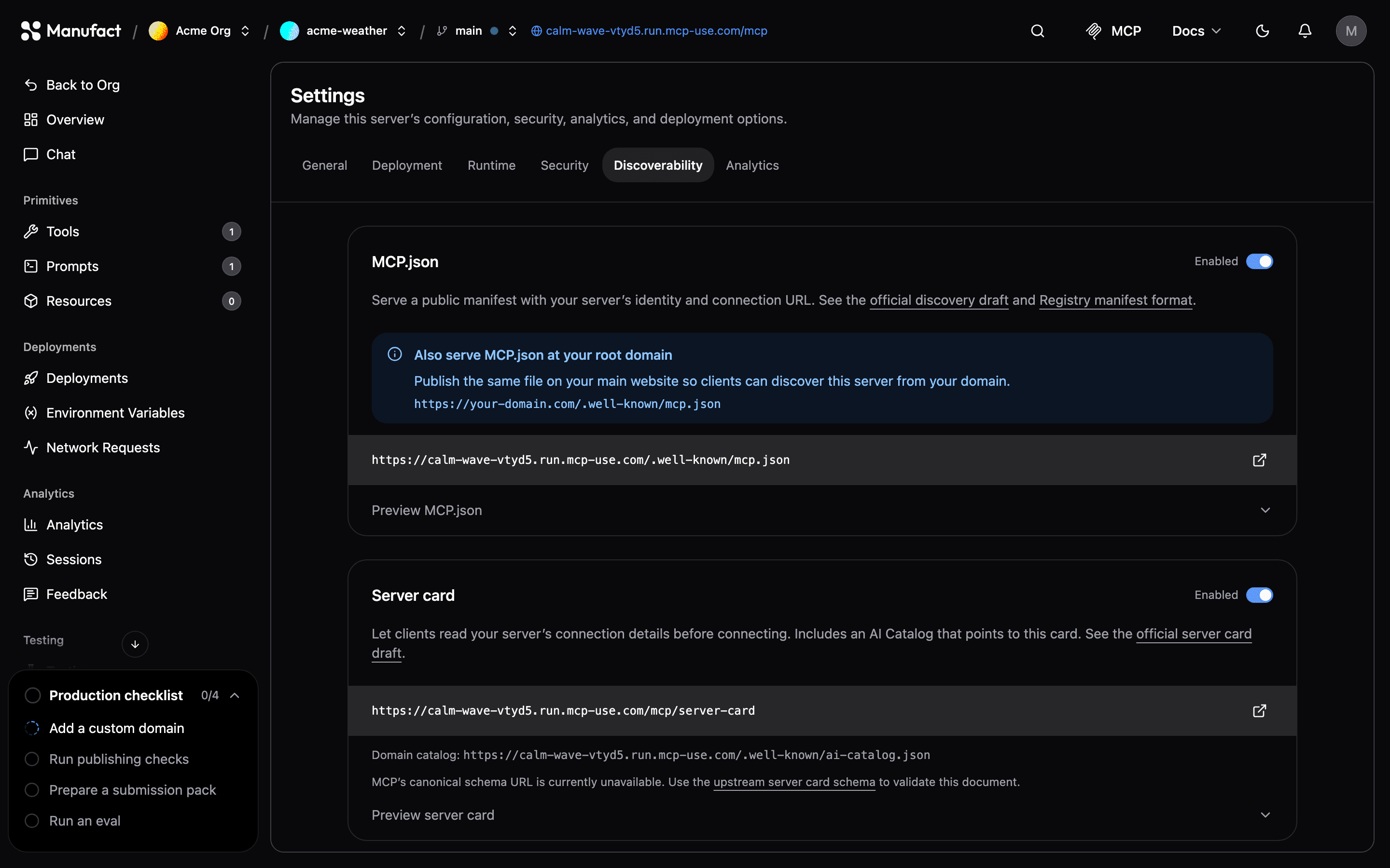 Discoverability settings with MCP.json and Server card enabled