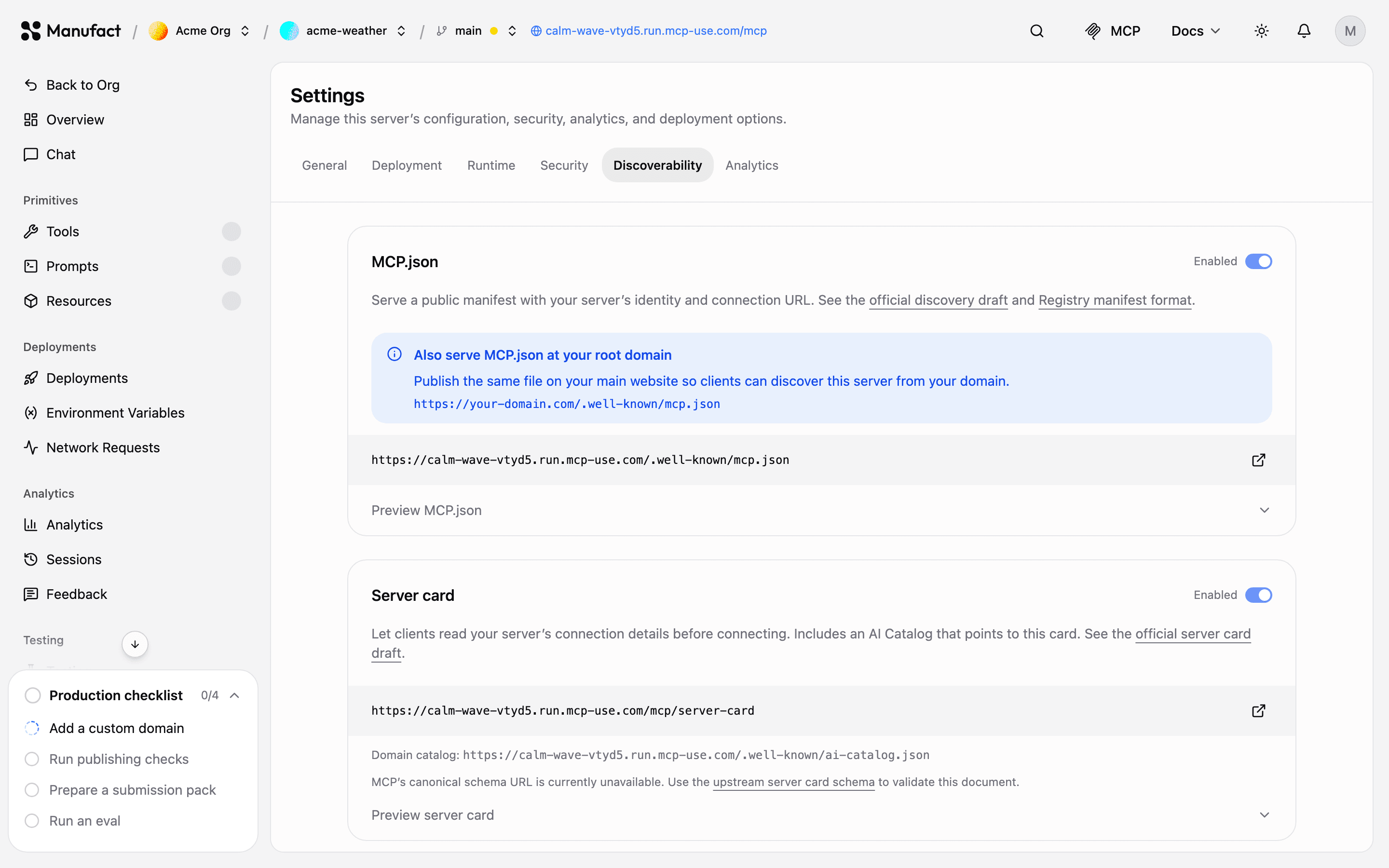 Discoverability settings with MCP.json and Server card enabled