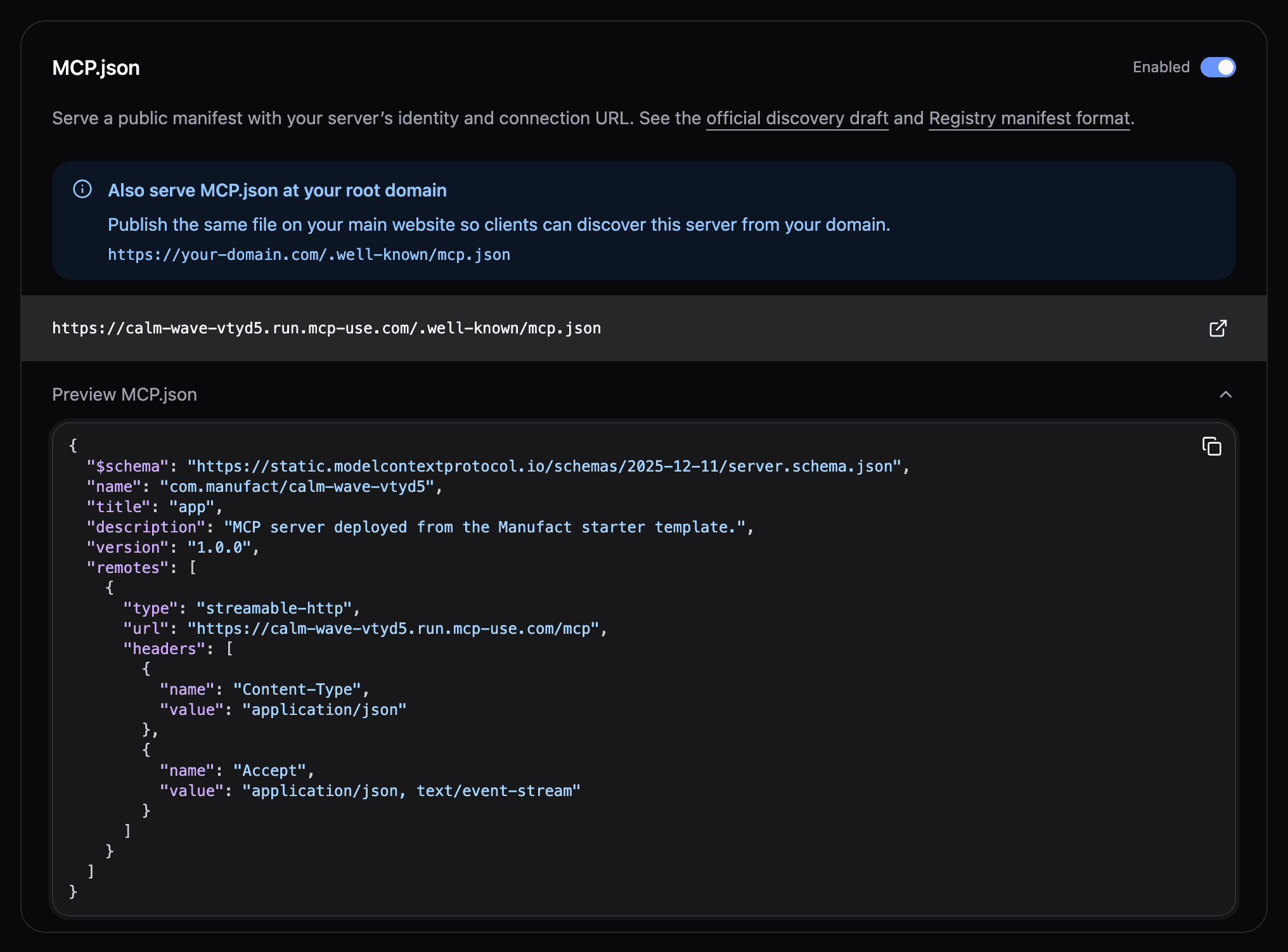 MCP.json preview in the dashboard