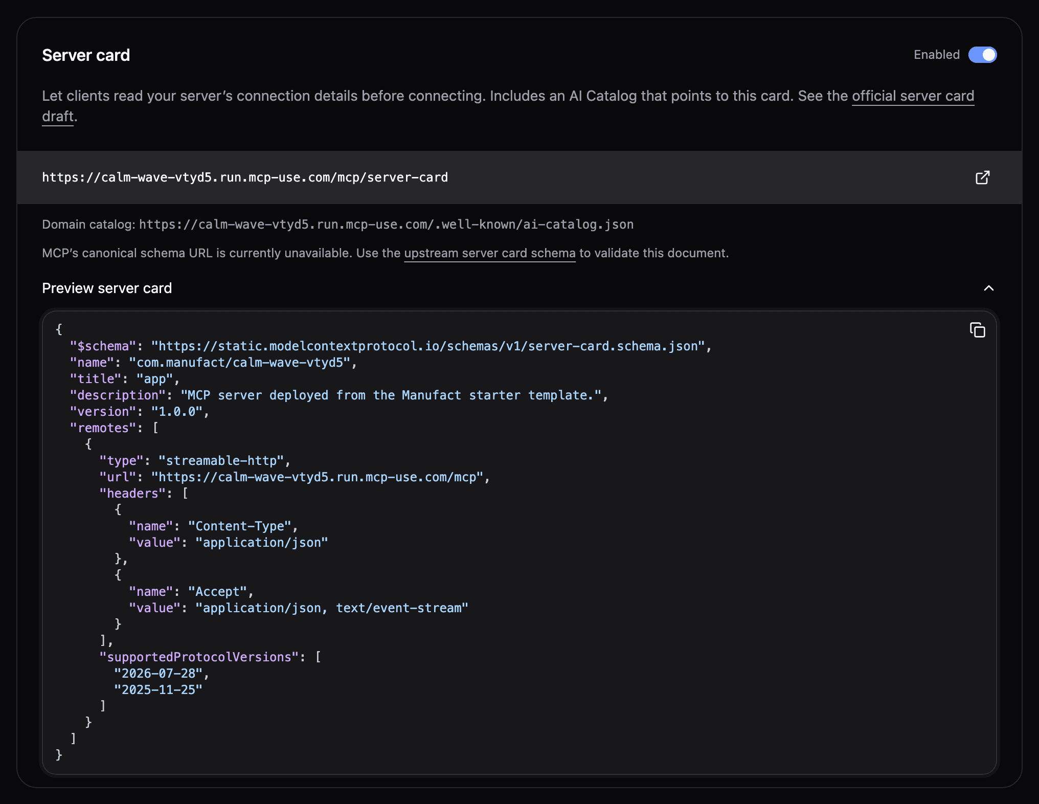 Server card preview with supported protocol versions