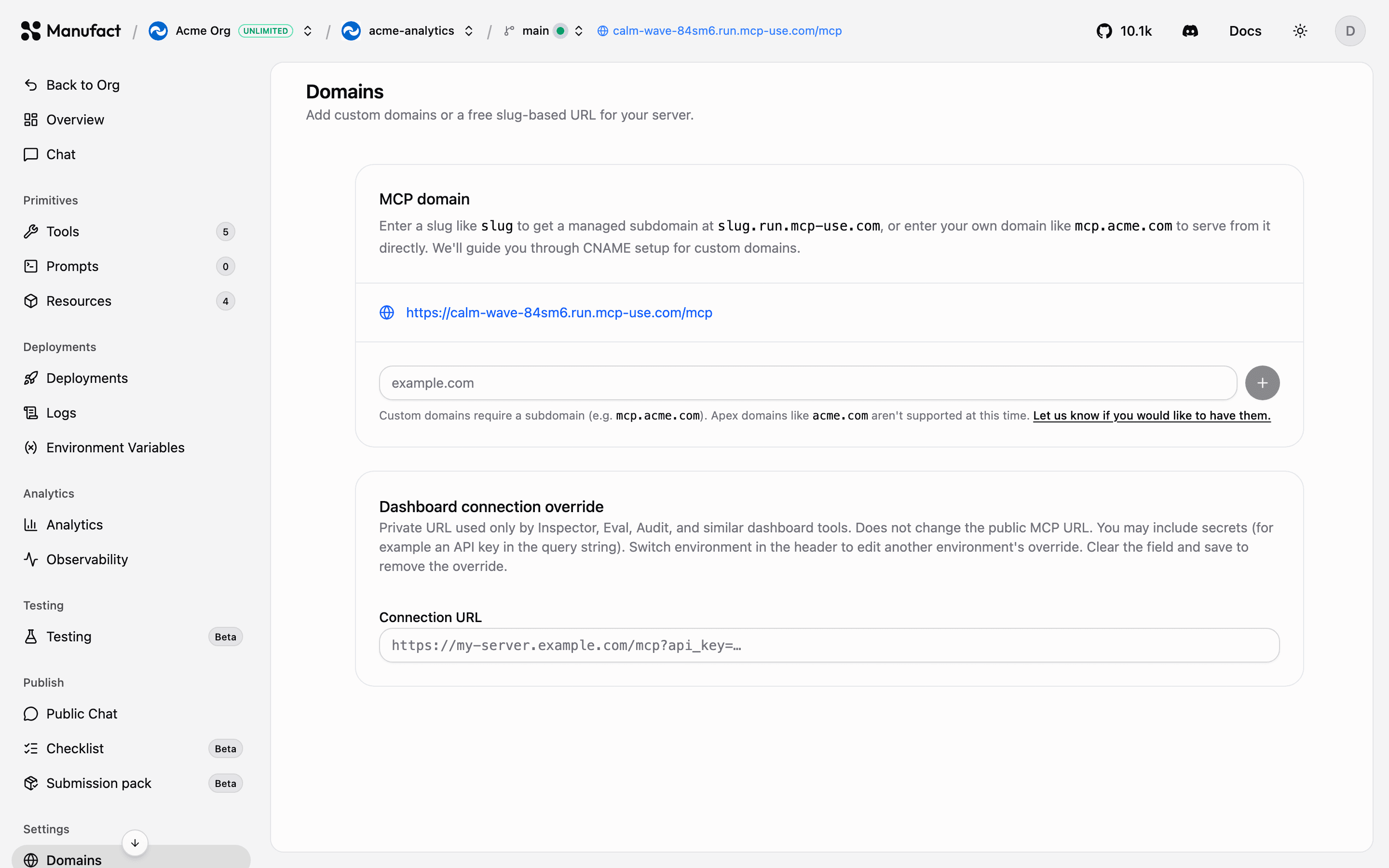 Add domain dialog with CNAME instructions