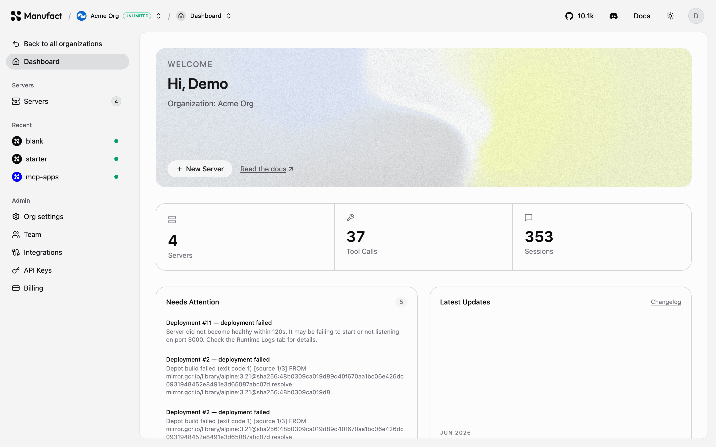Organization dashboard with stats cards and needs-attention alerts