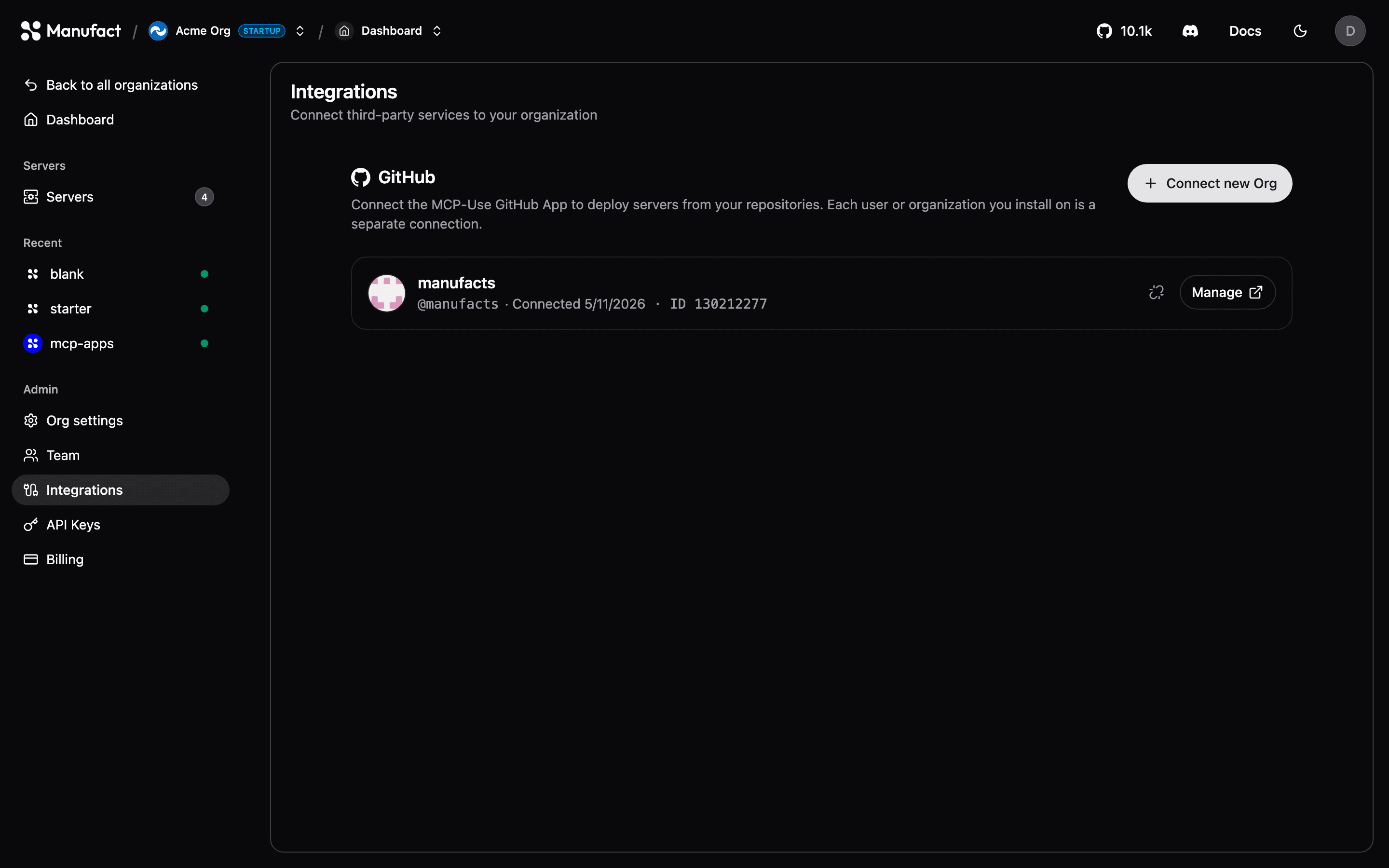 GitHub connections on the Integrations page