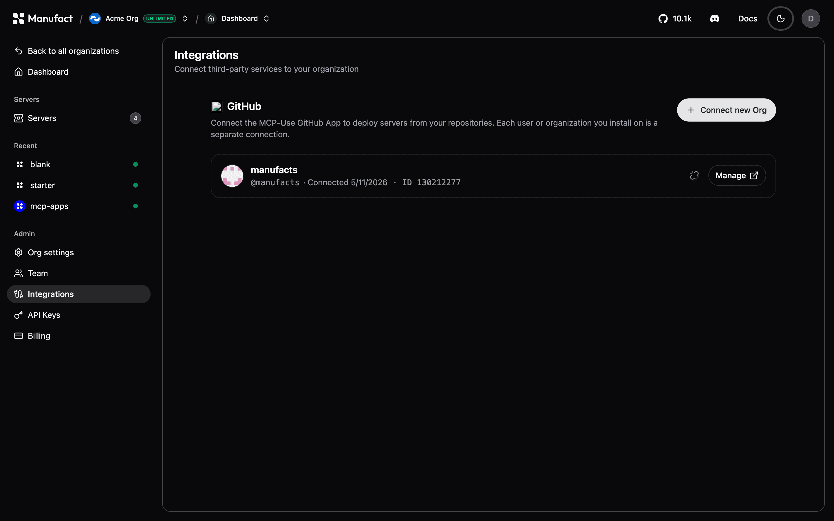 GitHub connections on the Integrations page