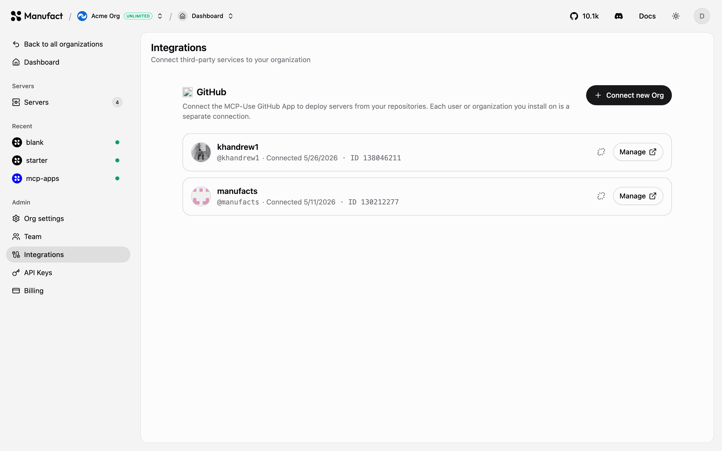 GitHub connections on the Integrations page