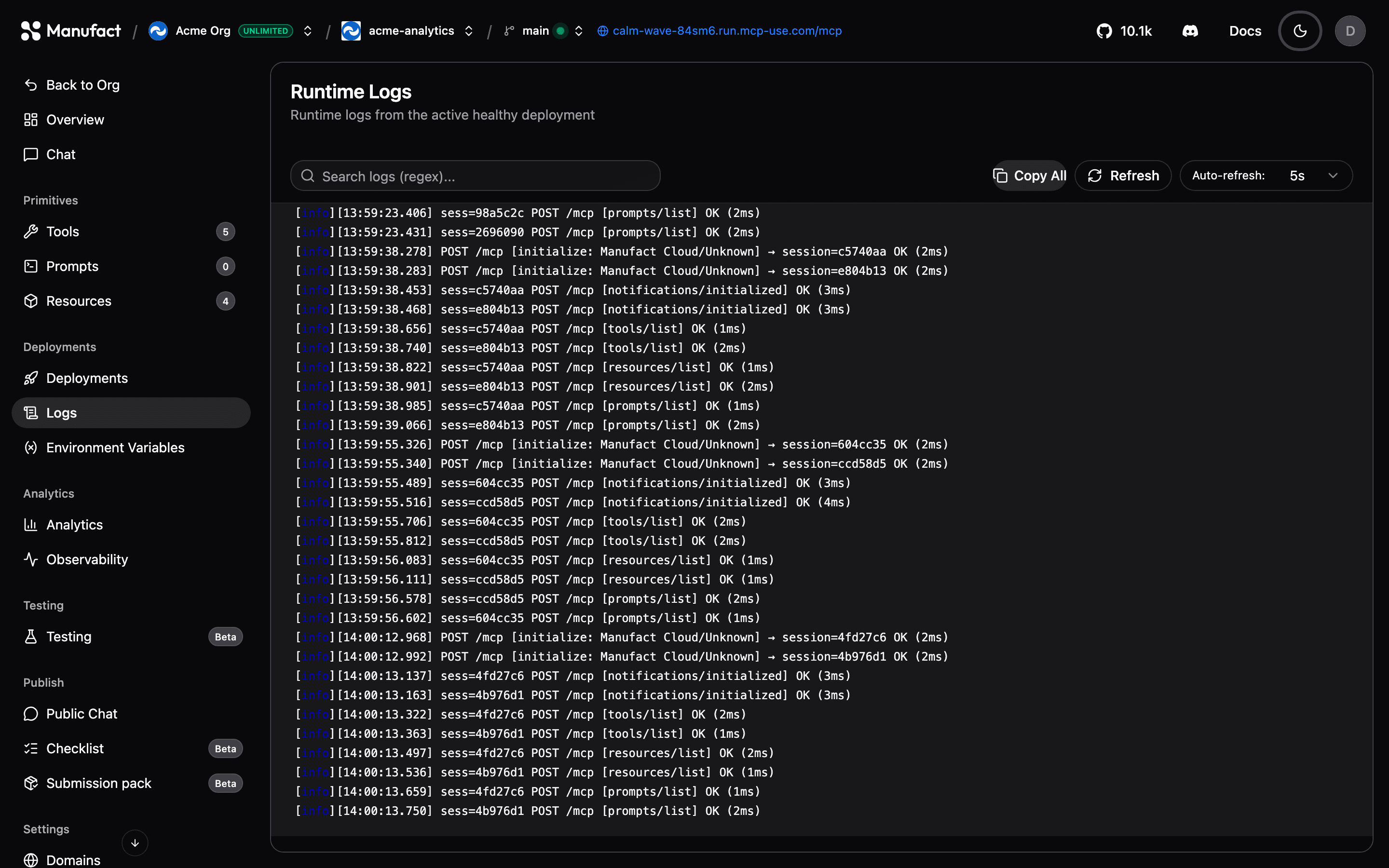 Runtime logs stream