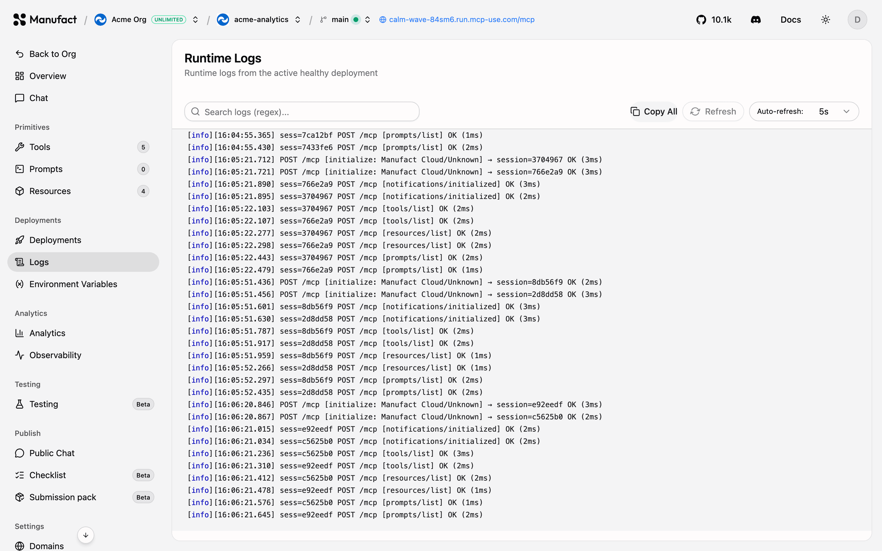 Runtime logs stream