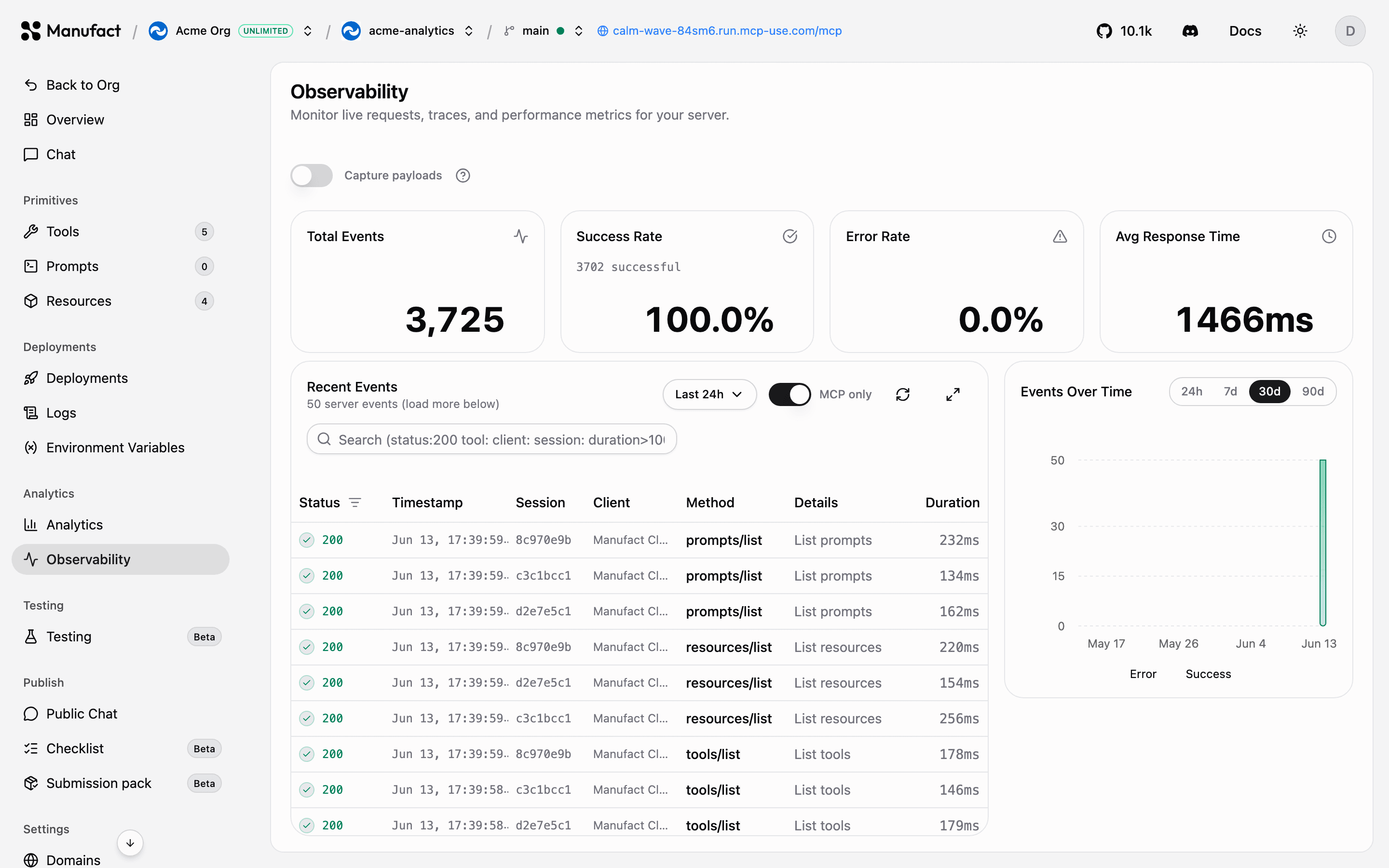 Capture payloads toggle in observability