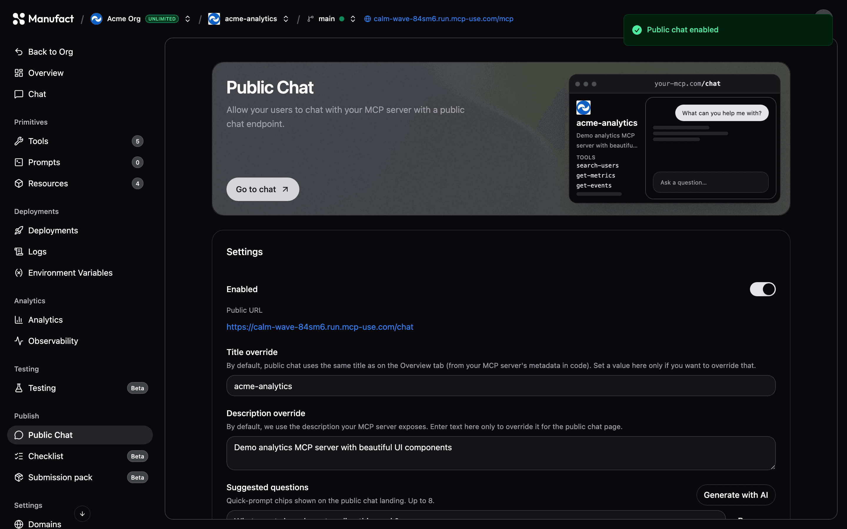 Public Chat configuration and live preview once enabled