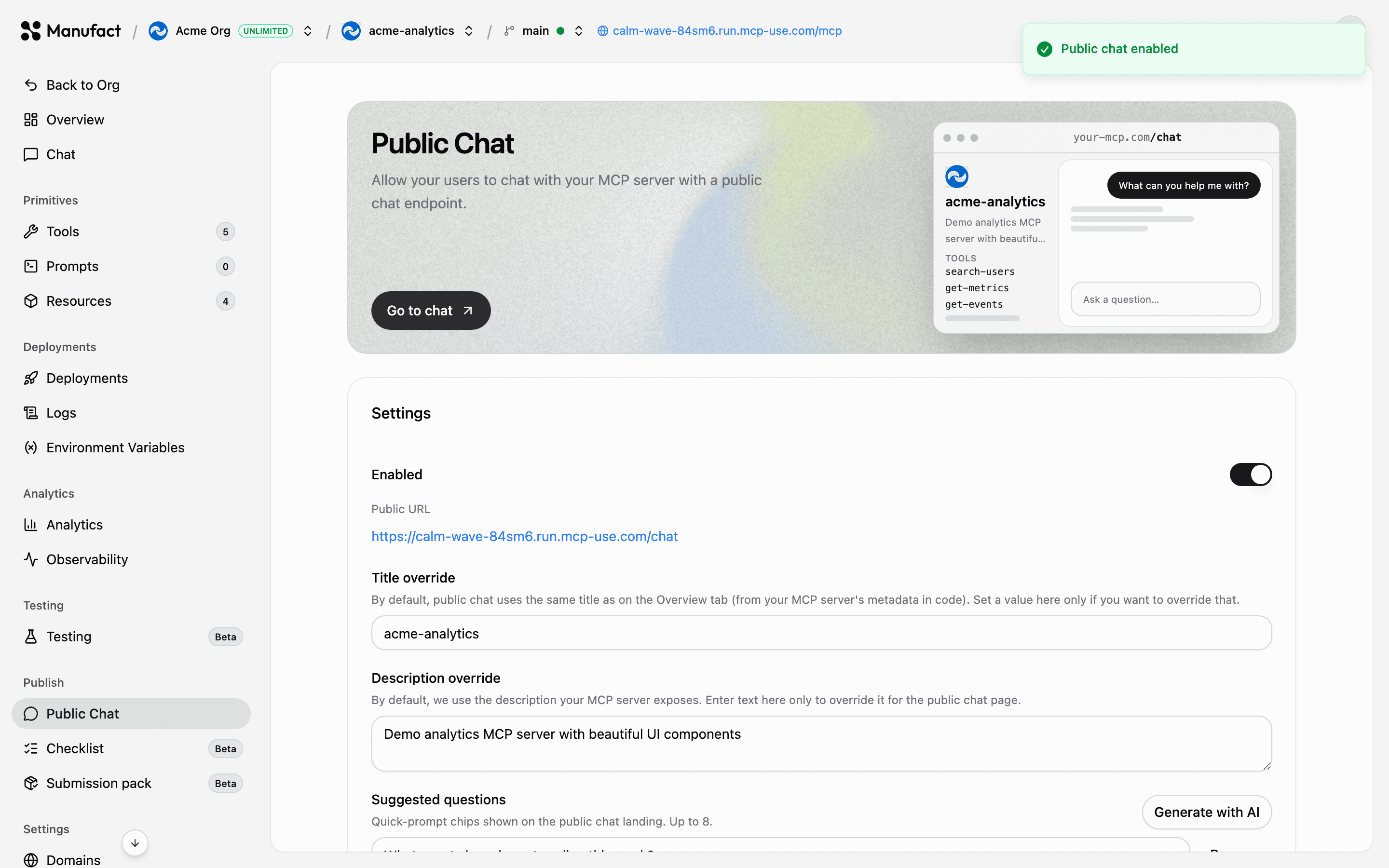 Public Chat configuration and live preview once enabled