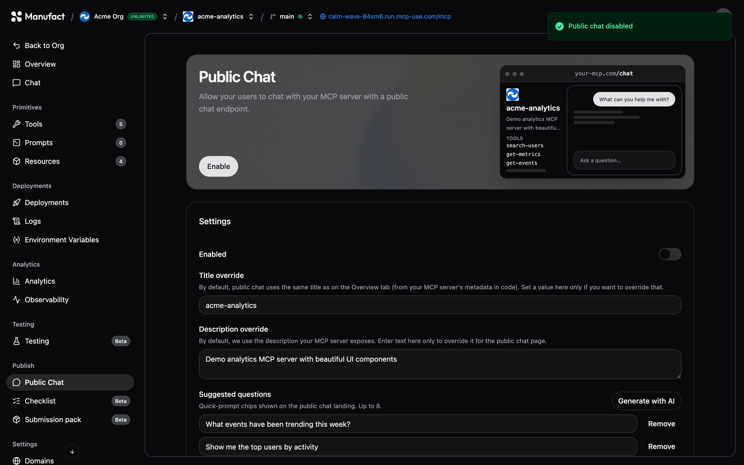 Public Chat enable screen with call to action