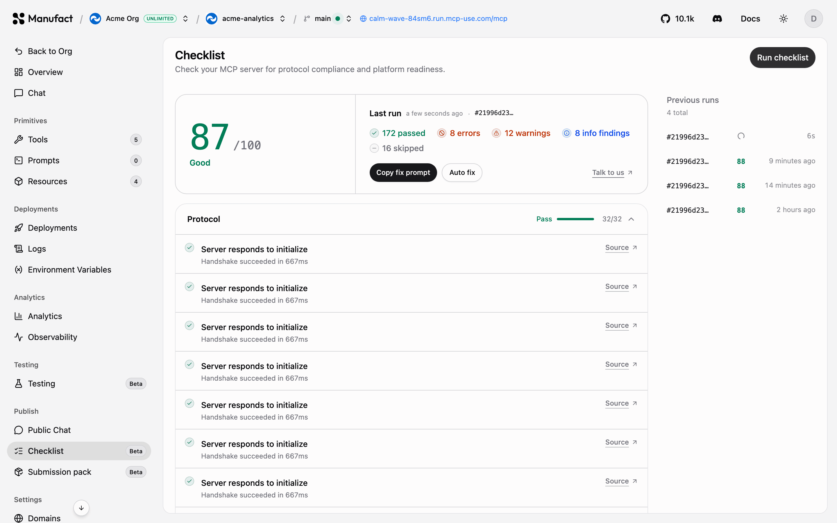 Checklist results with score and category breakdown