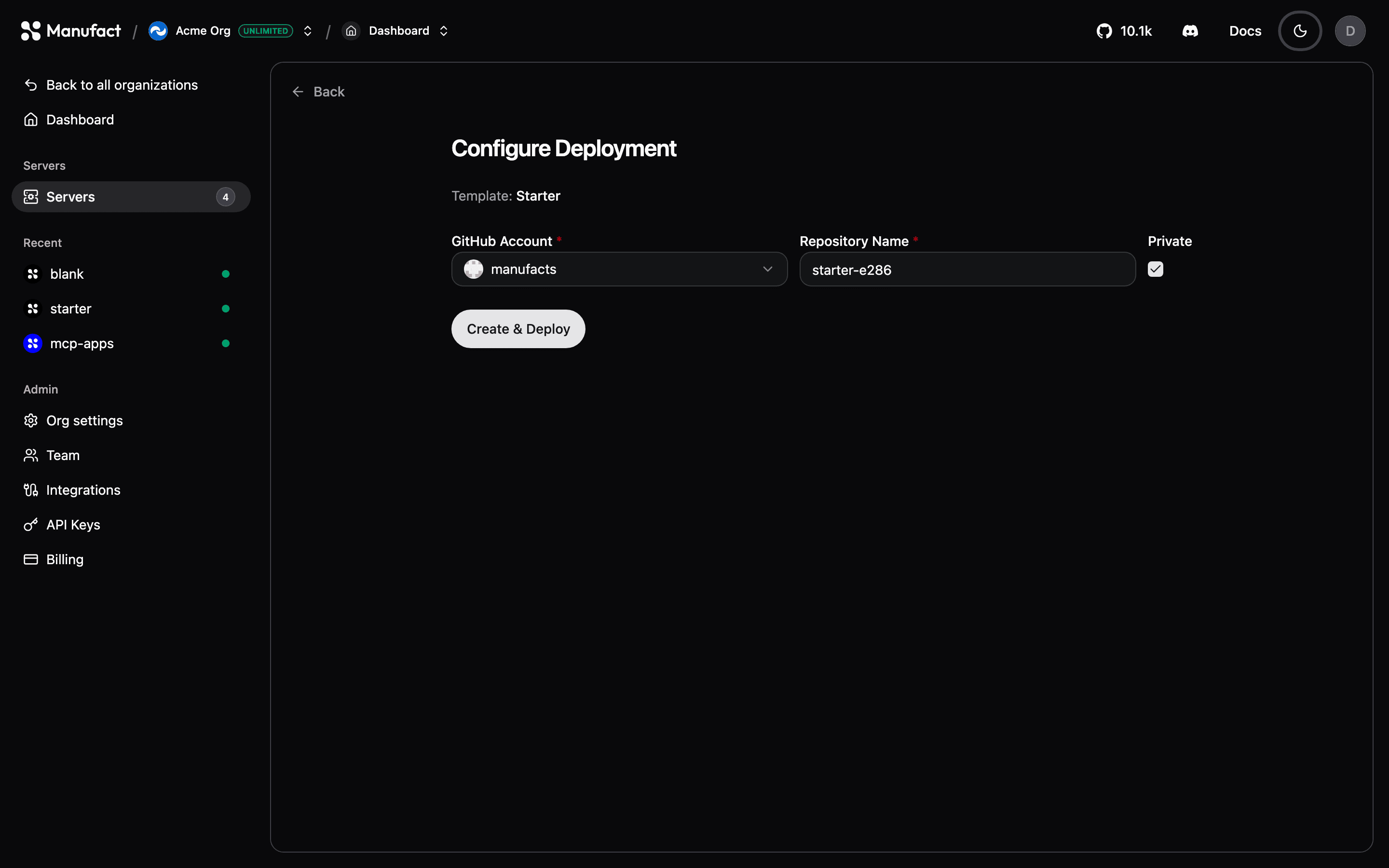 Configure Deployment form for a Starter template