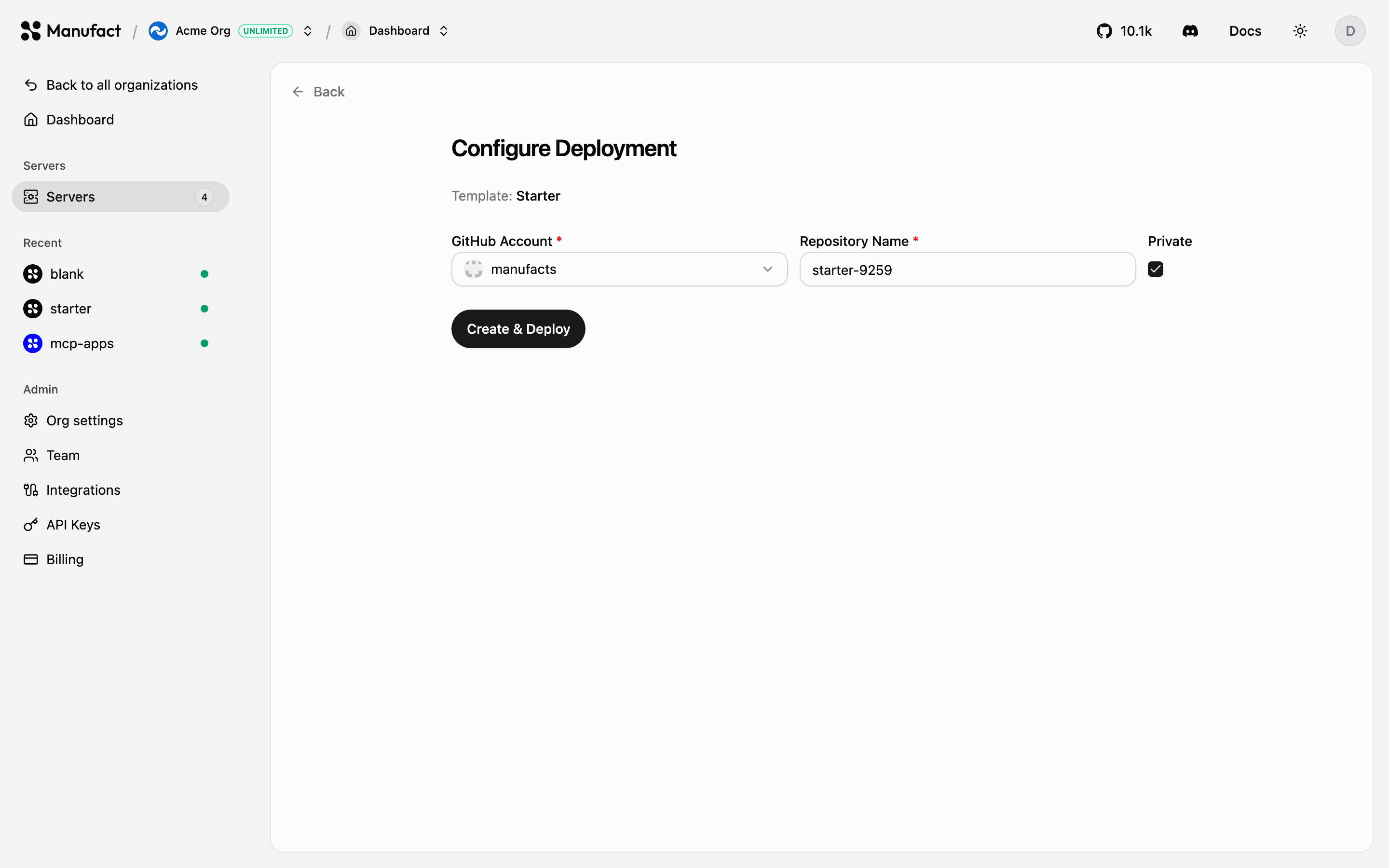 Configure Deployment form for a Starter template