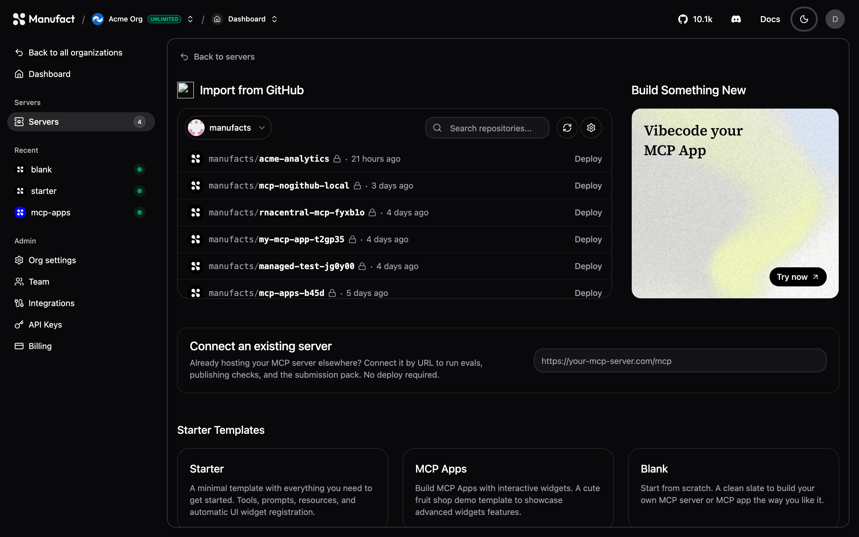 New server options: GitHub import, templates, and connect by URL