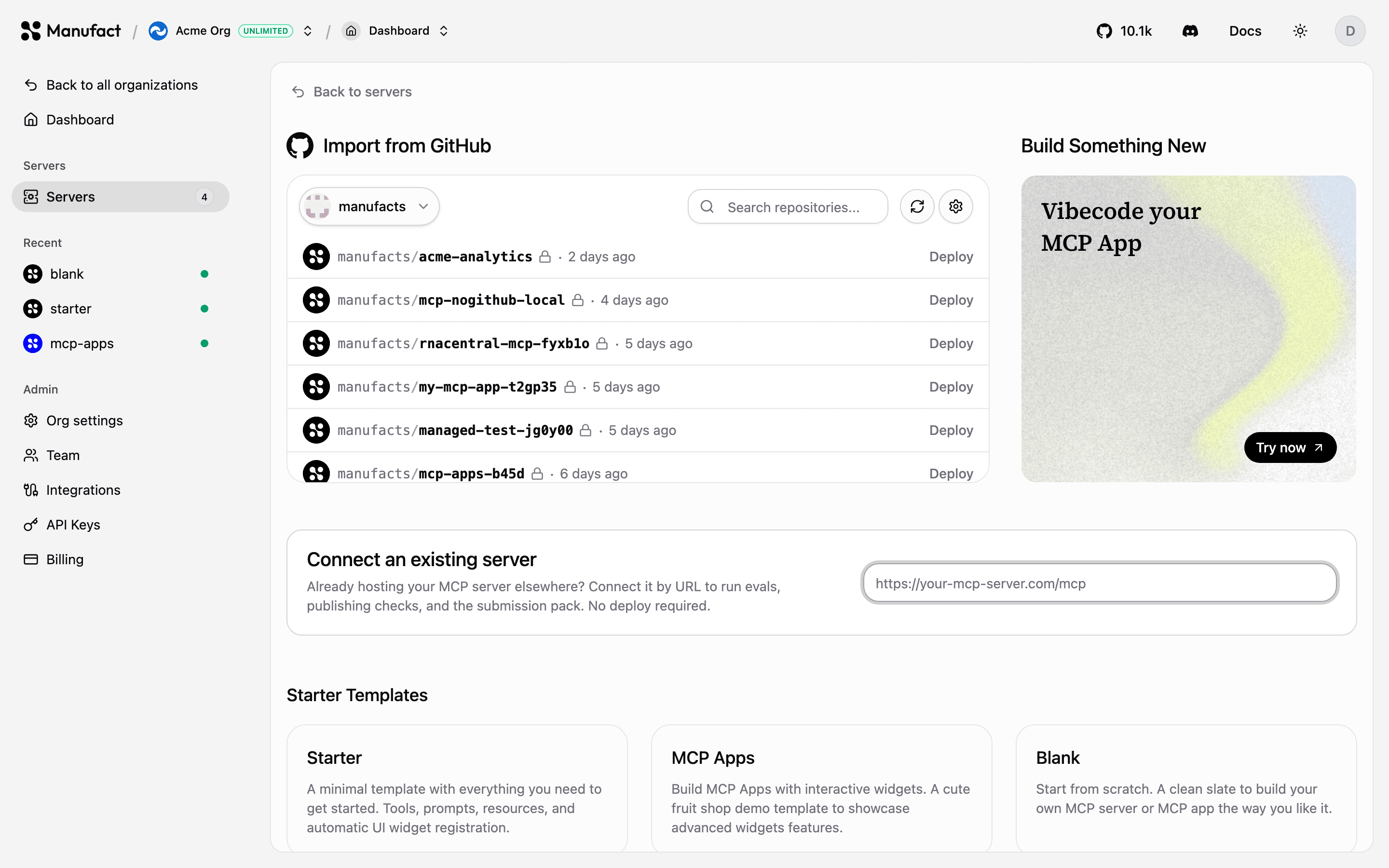 New server options: GitHub import, templates, and connect by URL