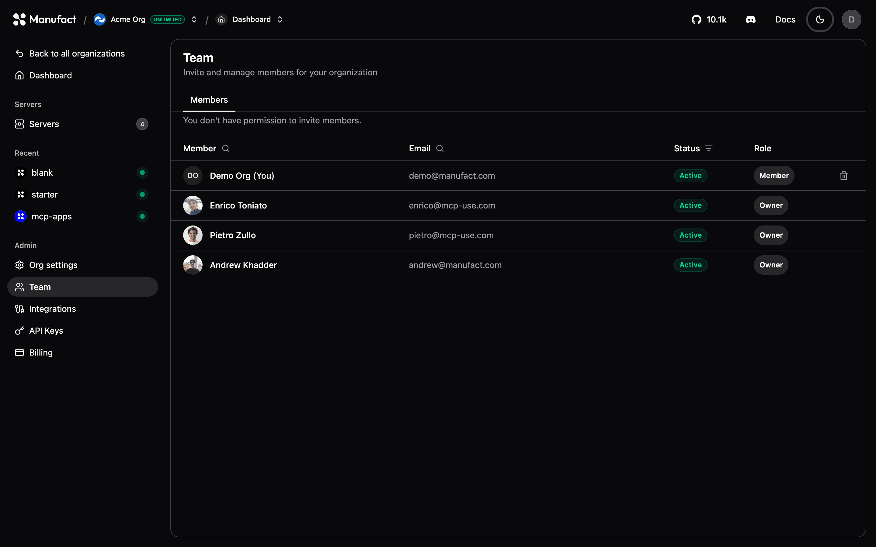 Team members and invite form