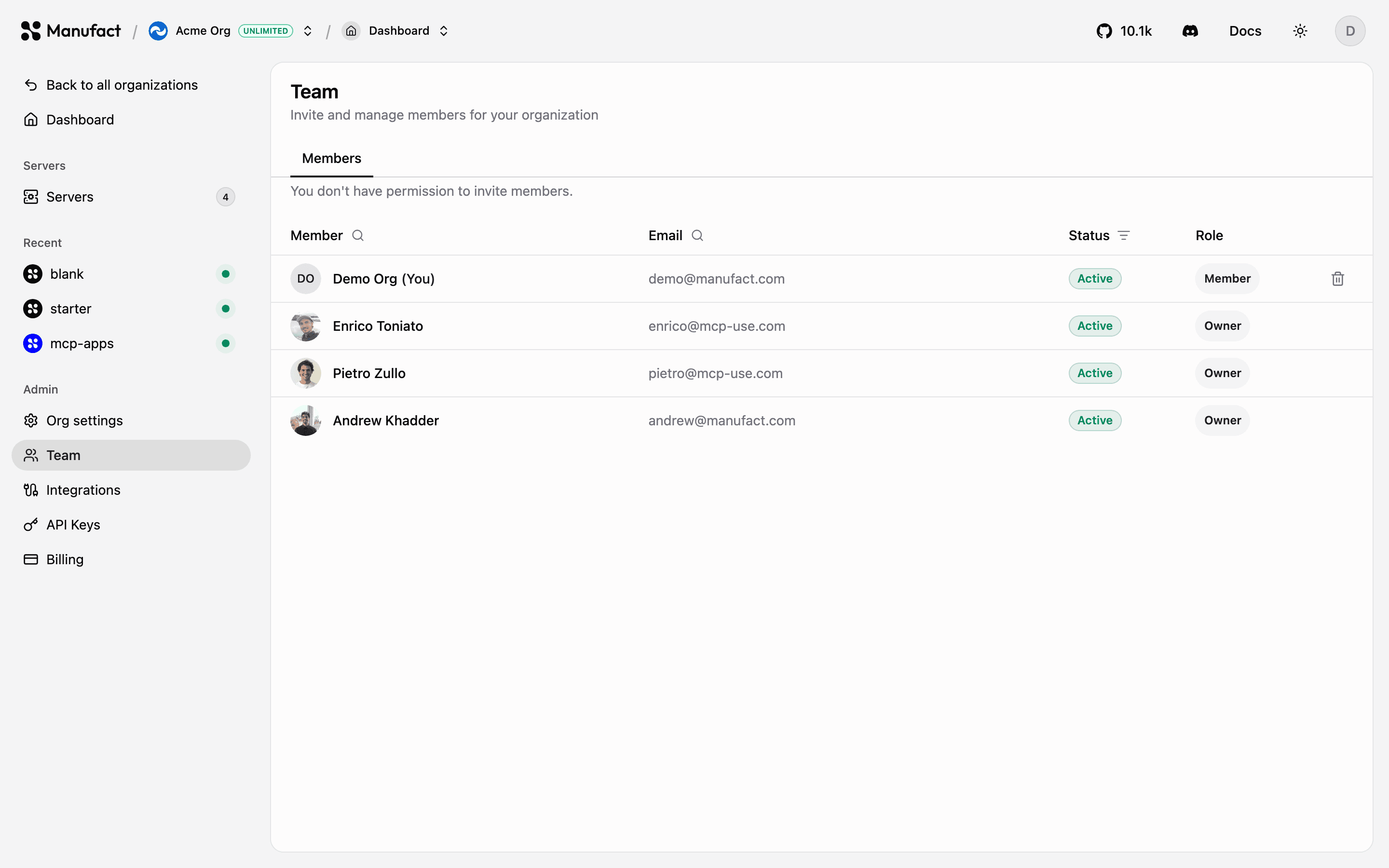 Team members and invite form