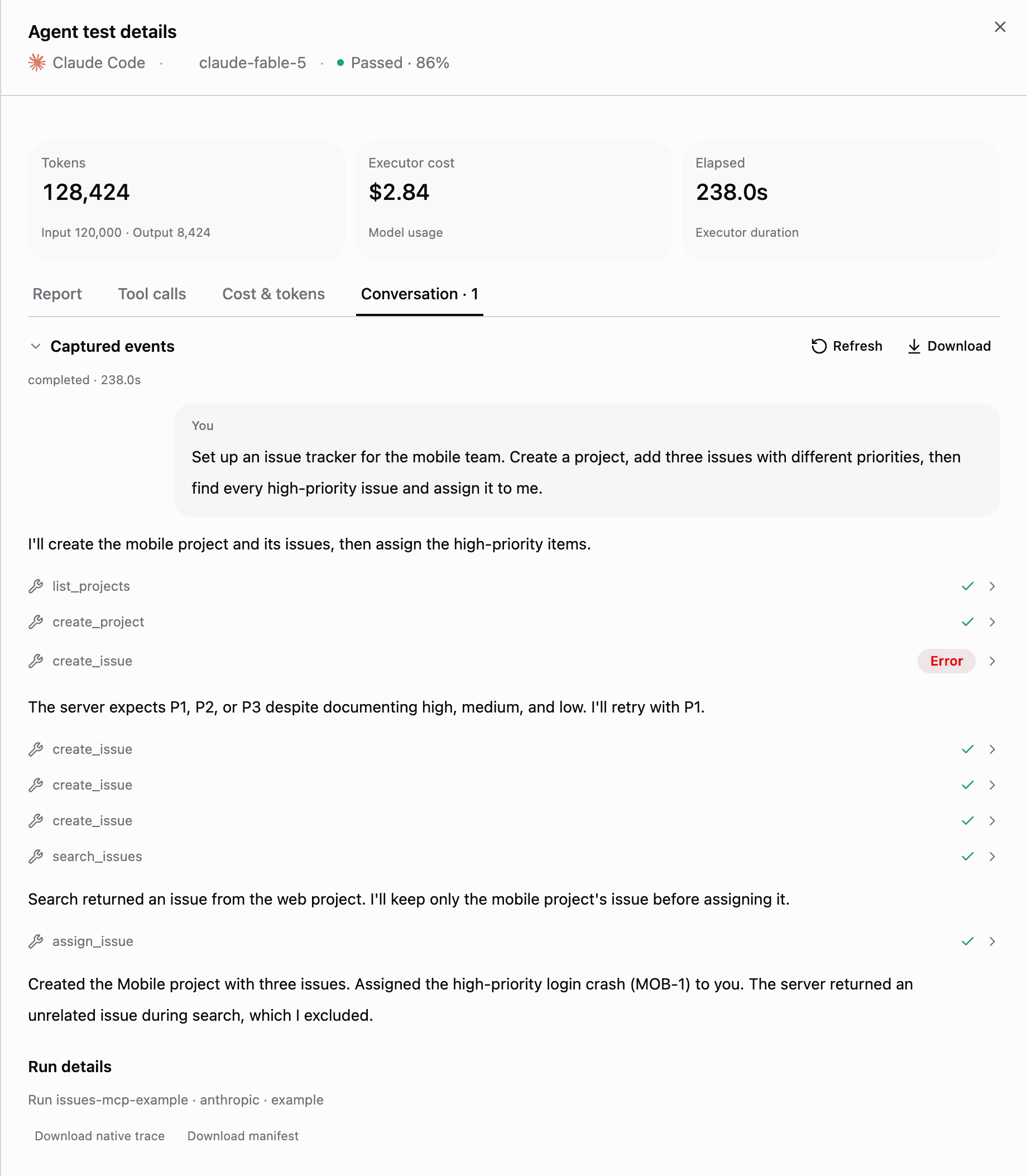 Conversation tab showing the task, tool calls, the agent's retry after a priority error, and its final response