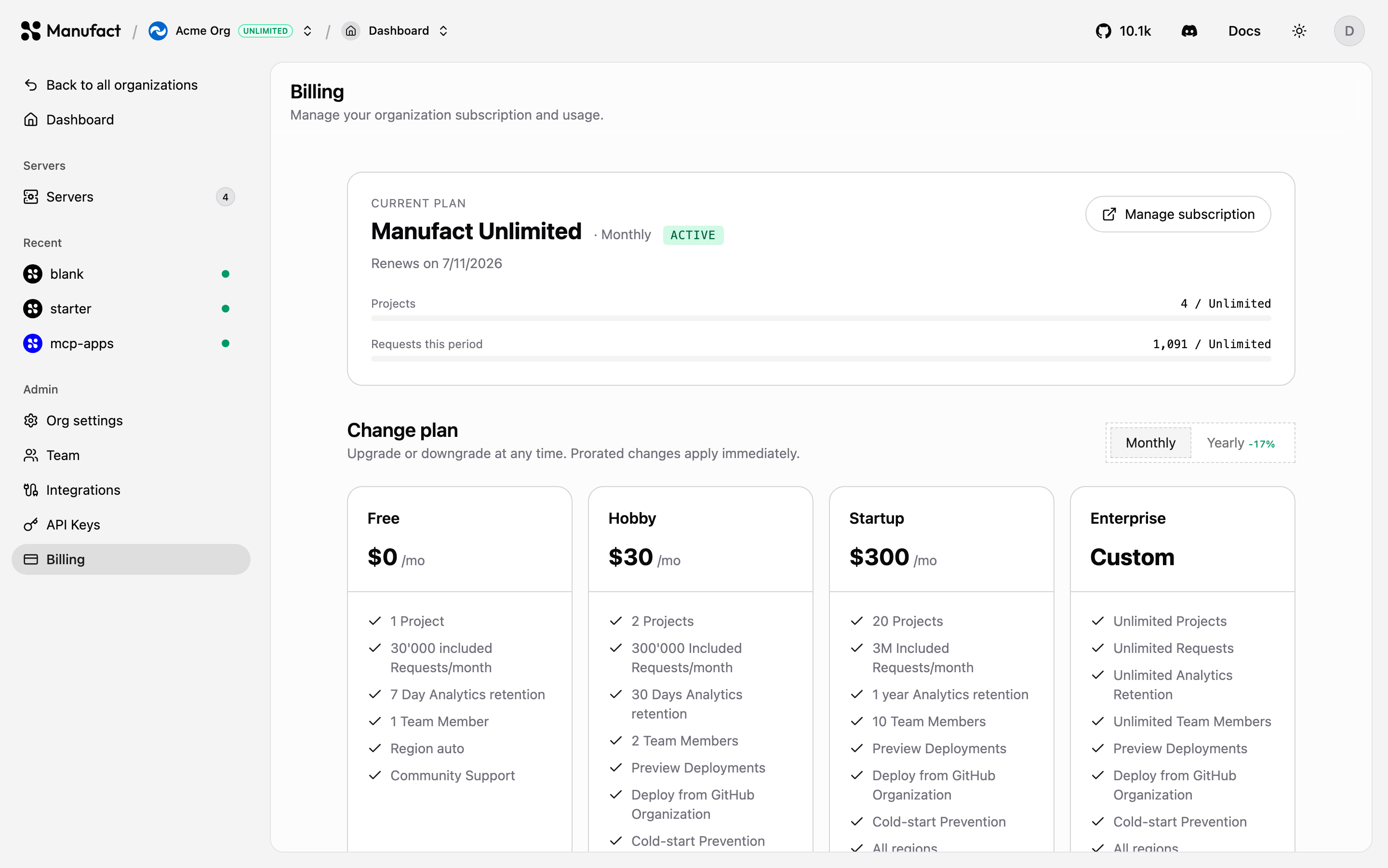 Plan grid with monthly and yearly toggle