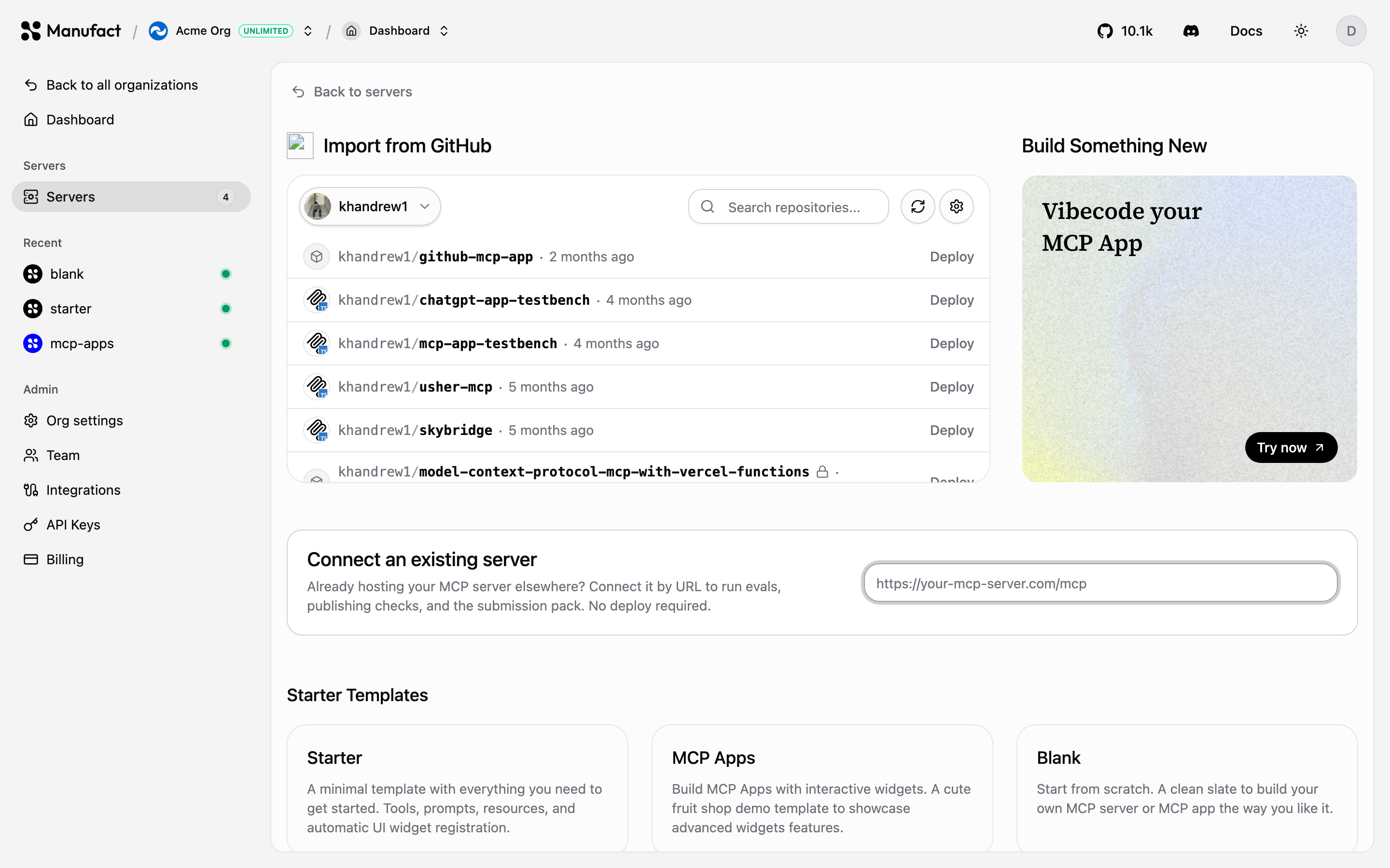 New server options: GitHub import, templates, and connect by URL